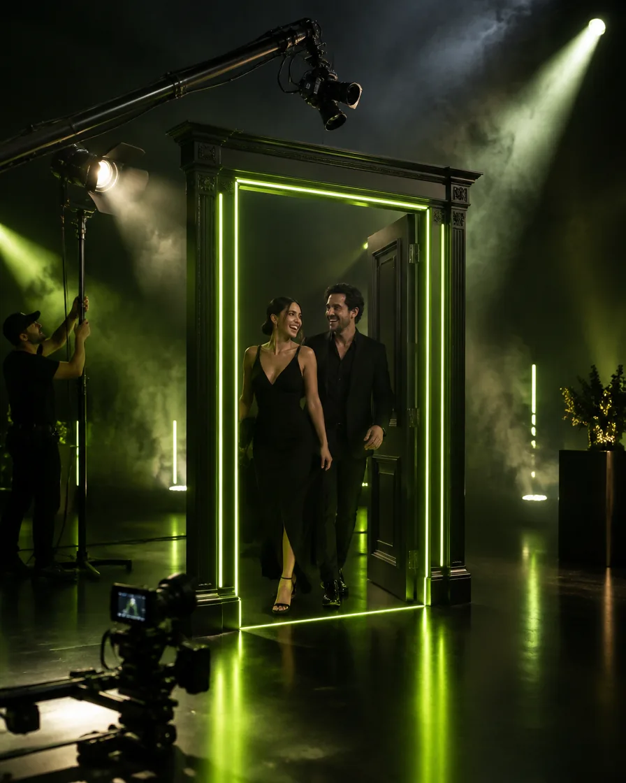Una porta trasformata in photobooth dentro un set scenografico, con camera dall’alto e luci di scena